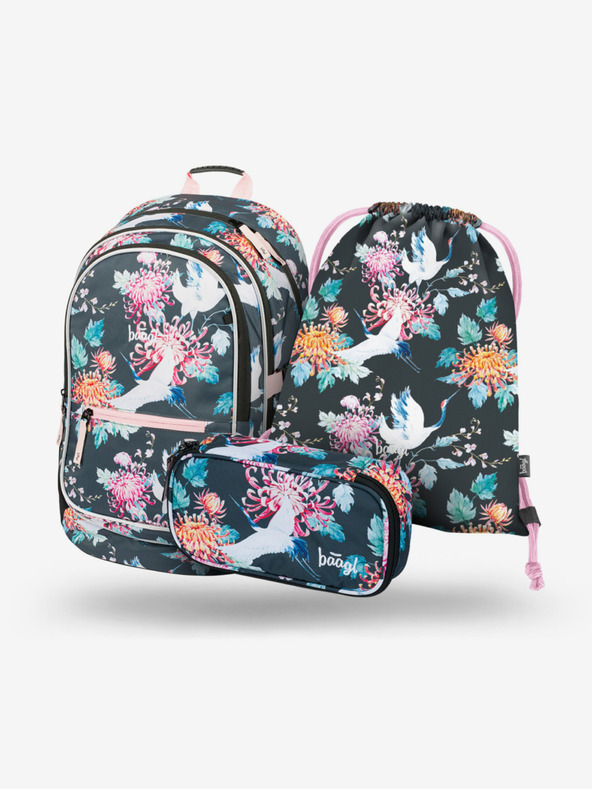 BAAGL  Grünes Schulset - Rucksack, Mäppchen, Tasche Baagl Core Birds