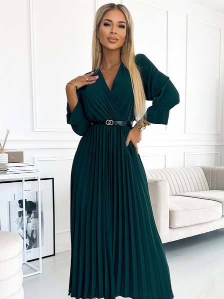 numoco SERENA Maxikleid mit Rundhalsausschnitt, Gürtel und 3/4 Ärmeln - Grün Numoco