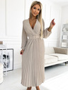 numoco VIVIANA Plissee-Midikleid mit herzförmigem Ausschnitt, langen Ärmeln und breitem Gürtel - beige Numoco