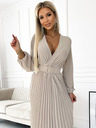 numoco VIVIANA Plissee-Midikleid mit herzförmigem Ausschnitt, langen Ärmeln und breitem Gürtel - beige Numoco