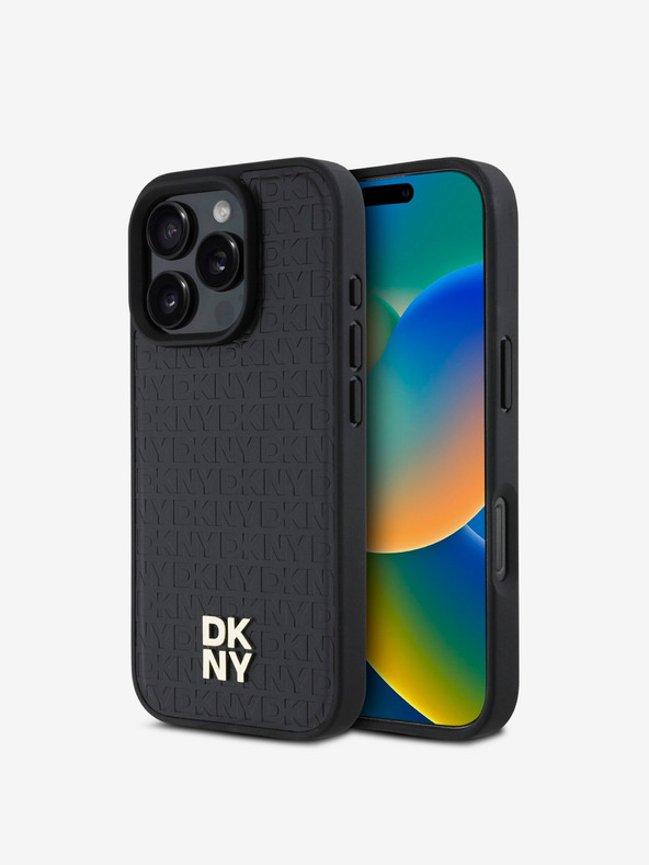 DKNY DKNY PU Leder Repeat Pattern Stack Logo MagSafe Back Cover für iPhone 16 Pro Schwarz