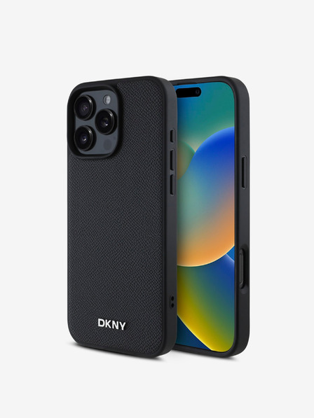 DKNY DKNY PU Leder Silbernes Metall Logo Magsafe Back Cover für iPhone 16 Pro Max Schwarz