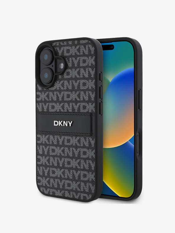 DKNY DKNY PU Leder Repeat Pattern Tonal Stripe Back Cover für iPhone 16 Schwarz