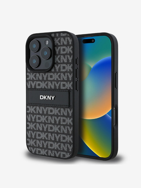 DKNY DKNY PU Leder Repeat Pattern Tonal Stripe Back Cover für iPhone 16 Pro Schwarz