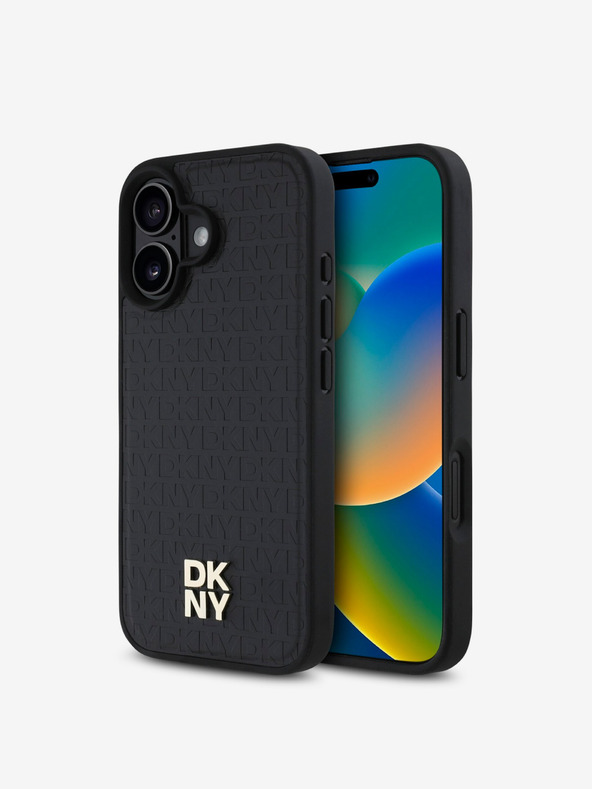 DKNY DKNY PU Leder Repeat Pattern Stack Logo MagSafe Back Cover für iPhone 16 Schwarz
