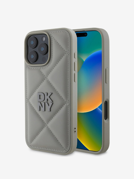 DKNY DKNY PU Leder Gestepptes Stack Logo Back Cover für iPhone 16 Pro Grau