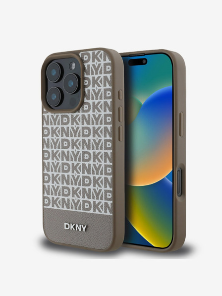 DKNY DKNY PU Leder Wiederholungsmuster Bodenstreifen MagSafe Back Cover für iPhone 16 Pro Max Braun