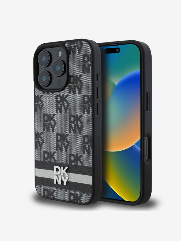 DKNY DKNY PU Leder Checkered Pattern und Stripe Back Cover für iPhone 16 Pro Max Schwarz