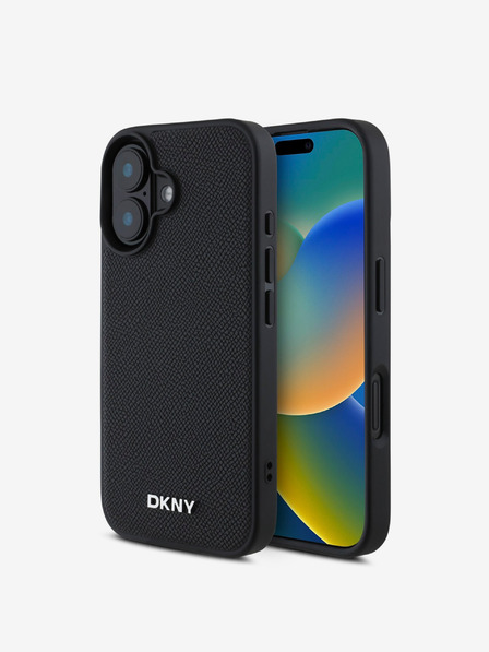 DKNY DKNY PU Leder Silber Metall Logo Magsafe Rückseite für iPhone 16 Plus Schwarz