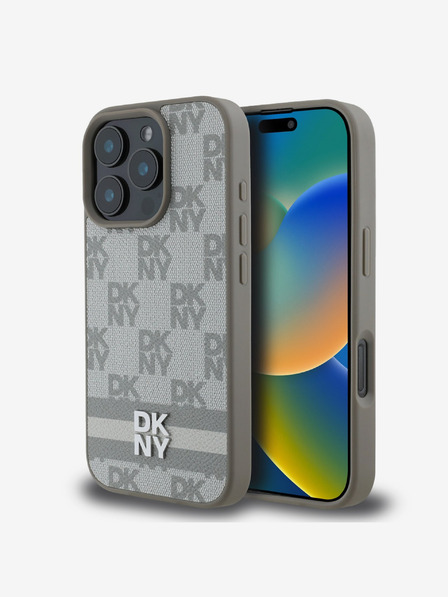 DKNY DKNY PU Leder Karomuster und Streifen Rückseitenschutz für iPhone 16 Pro Beige