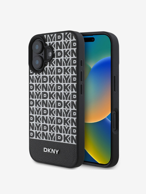 DKNY DKNY PU Leder Repeat Pattern Bottom Stripe MagSafe Back Cover für iPhone 16 Plus Schwarz