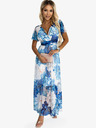 numoco Kleid mit Ausschnitt, langem Bindeband in der Taille und kurzen Ärmeln - blau große Blumen - Netz Numoco CINZIA