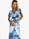 numoco Kleid mit Ausschnitt, langem Bindeband in der Taille und kurzen Ärmeln - blau große Blumen - Netz Numoco CINZIA