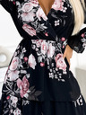 numoco Midikleid mit Ausschnitt und drei Rüschen - rosa auf schwarzem Grund Numoco MARTINA