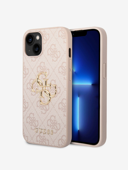 Guess PU 4G Metal Logo Rückseite Hülle für iPhone 15 Pink Handyhülle