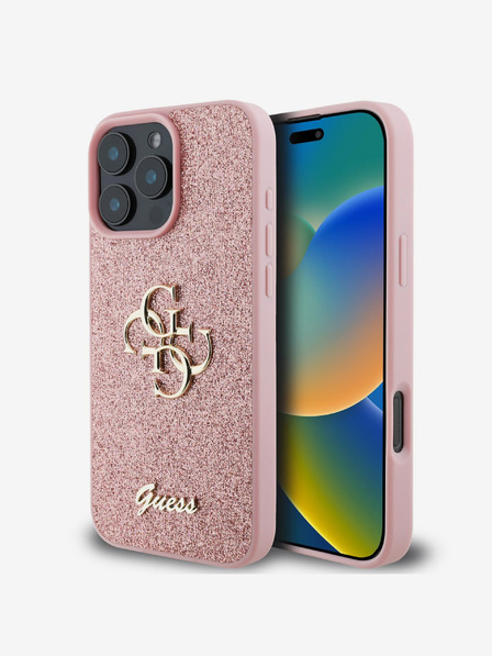 Guess Guess PU Fixed Glitter 4G Metall Logo Back Cover für iPhone 16 Pro Max Pink