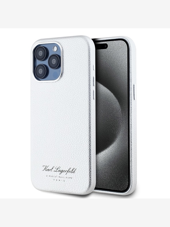 Karl Lagerfeld Genarbtes PU Hotel RSG Back Cover für iPhone 15 Pro Grau Karl Lagerfeld