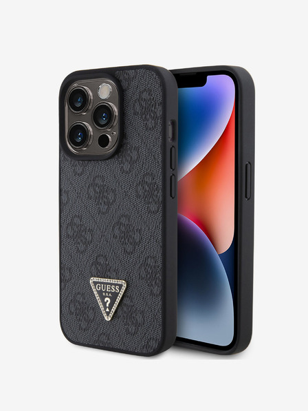 Guess Guess PU PU 4G Strass Triangle Metall Logo Back Cover für iPhone 15 Pro Schwarz