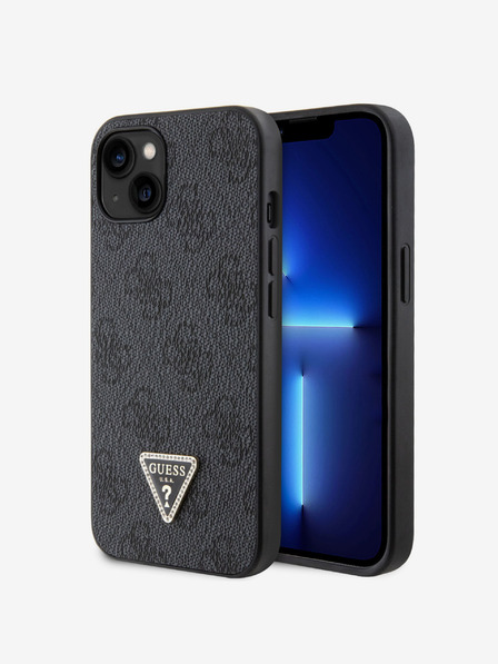 Guess Guess PU 4G Strass-Dreieck Metall-Logo-Rückseite für iPhone 15 Schwarz