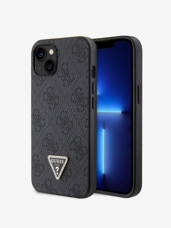 Guess Guess PU 4G Strass-Dreieck Metall-Logo-Rückseite für iPhone 15 Schwarz