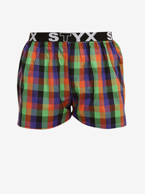 Styx Grün-orange karierte Herrenshorts mit Sport-Gummizug Styx