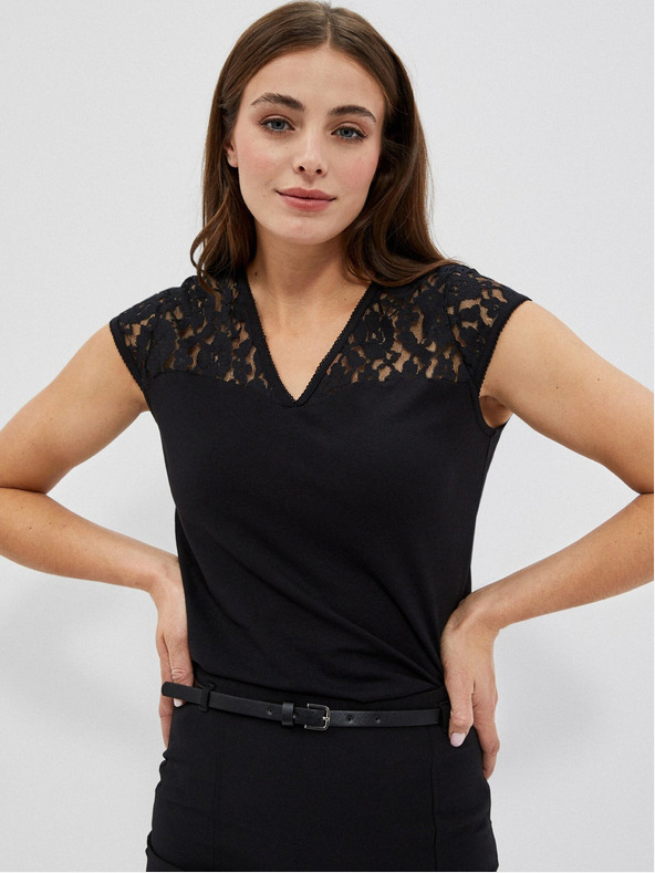 Moodo Schwarzes T-Shirt mit V-Ausschnitt und Spitze von Moodo