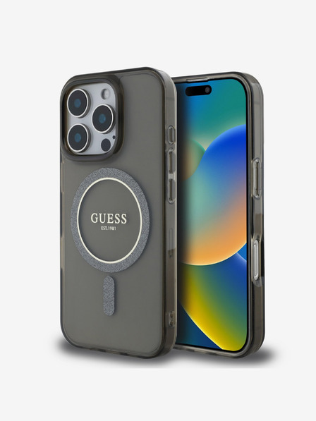 Guess Guess IML Glitter Ring MagSafe Back Cover für iPhone 16 Pro Schwarz