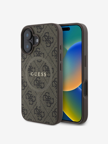 Guess Guess PU Leder 4G Farbiger Ring MagSafe Back Cover für iPhone 16 Braun