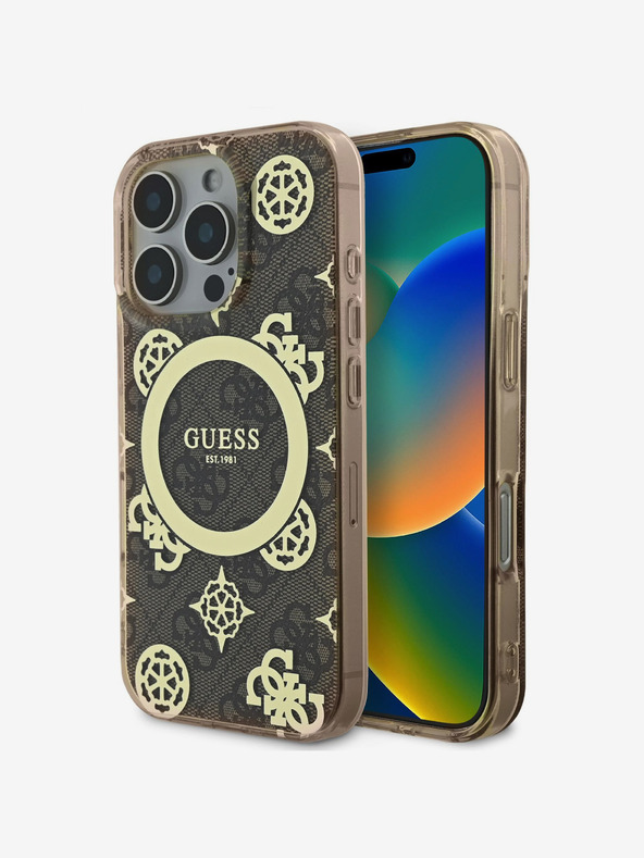 Guess Guess IML 4G Pfingstrose MagSafe Back Cover für iPhone 16 Pro Max Braun