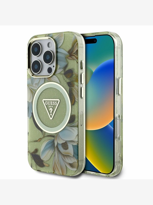 Guess Guess IML Glitter Magnolia and Triangle Logo MagSafe Back Cover für iPhone 16 Pro Grün