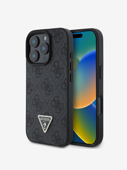 Guess PU 4G Strass Triangle Metal Logo Rückseite Hülle für iPhone 16 Pro Black Handyhülle