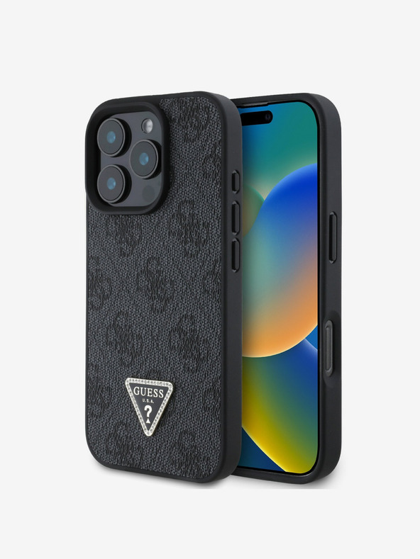 Guess PU 4G Strass Triangle Metal Logo Rückseite Hülle für iPhone 16 Pro Black Handyhülle