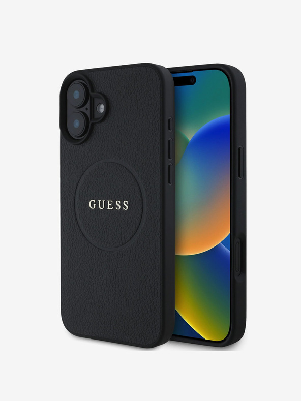 Guess Guess PU genarbtes klassisches Logo MagSafe Back Cover für iPhone 16 Schwarz