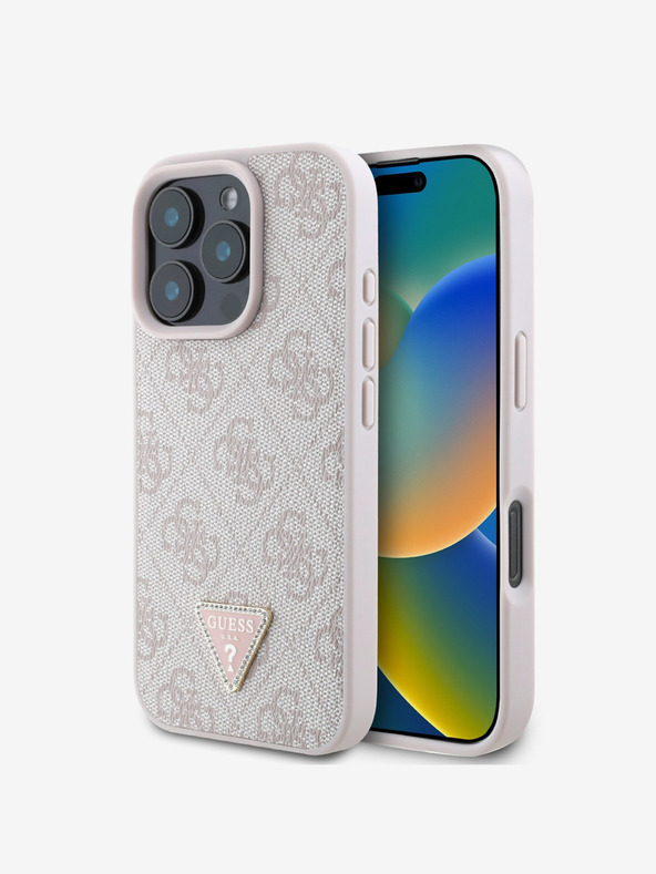 Guess Guess PU 4G Strass Dreieck Metall Logo Rückwand für iPhone 16 Pro Rosa