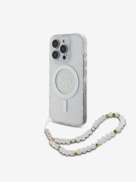 Guess IML Glitzer Perlen Band MagSafe Rückseite Hülle für iPhone 16 Pro Max Transparent Handyhülle