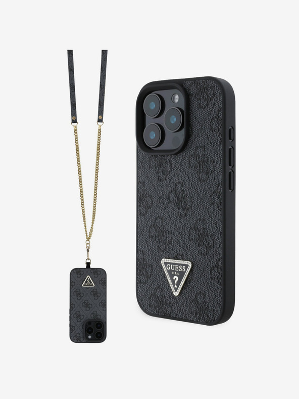 Guess Guess PU 4G Strass Dreieck Metall-Logo Schutzhülle + Crossbody Strap für iPhone 16 Pro Schwarz