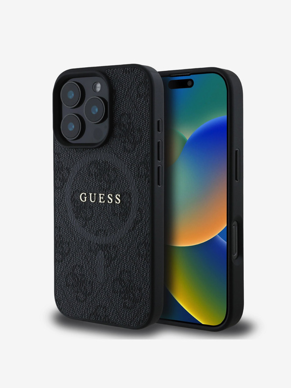 Guess PU Leder 4G Farbiger Ring MagSafe Rückseite Hülle für iPhone 16 Pro Max Schwarz Handyhülle