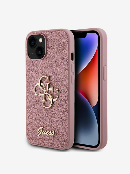 Guess PU Fester Glitzer 4G Metal Logo Rückseite Hülle für iPhone 15 Pink Handyhülle