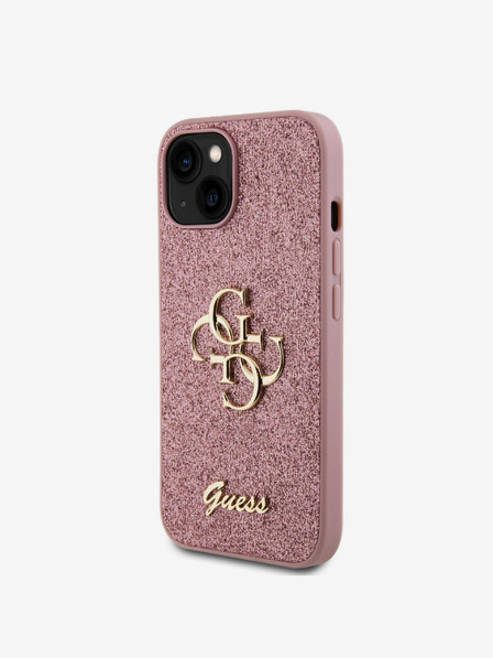 Guess PU Fester Glitzer 4G Metal Logo Rückseite Hülle für iPhone 15 Pink Handyhülle