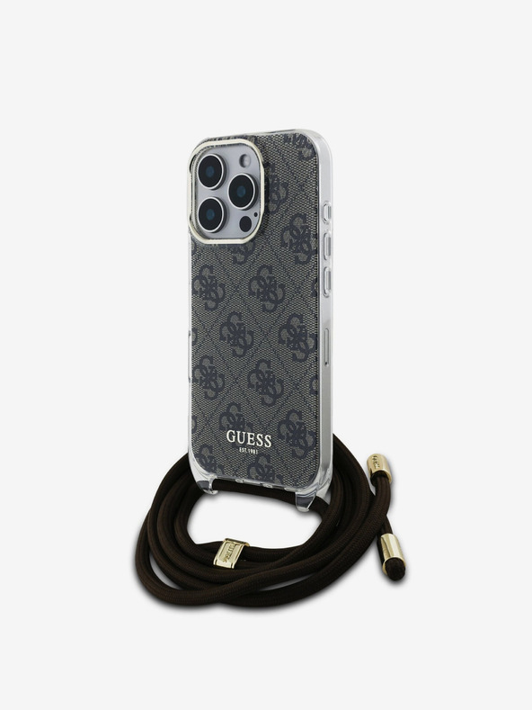 Guess Guess IML 4G Printed Crossbody Strap Back Cover für iPhone 16 Pro Braun