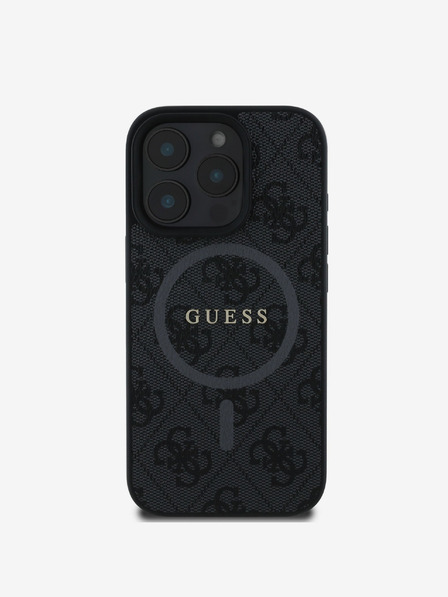 Guess PU Leder 4G Farbiger Ring MagSafe Rückseite Hülle für iPhone 16 Pro Schwarz Handyhülle