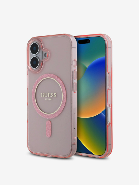 Guess Guess IML Glitter Ring MagSafe Back Cover für iPhone 16 Pink