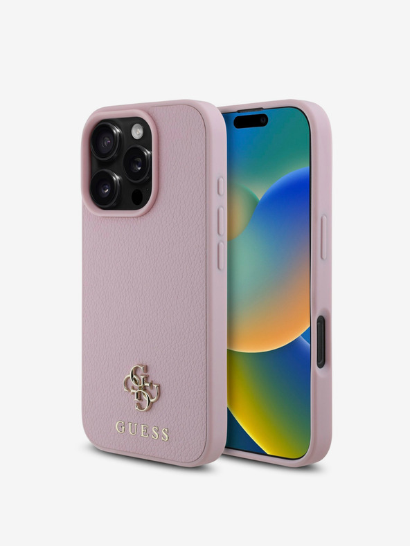 Guess Guess PU genarbtes 4G MagSafe Back Cover mit kleinem Metall-Logo für iPhone 16 Pro Pink