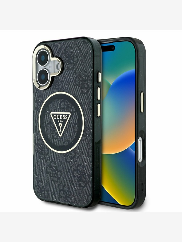Guess Guess IML 4G Glitter and Triangle Logo MagSafe Back Cover für iPhone 16 Schwarz