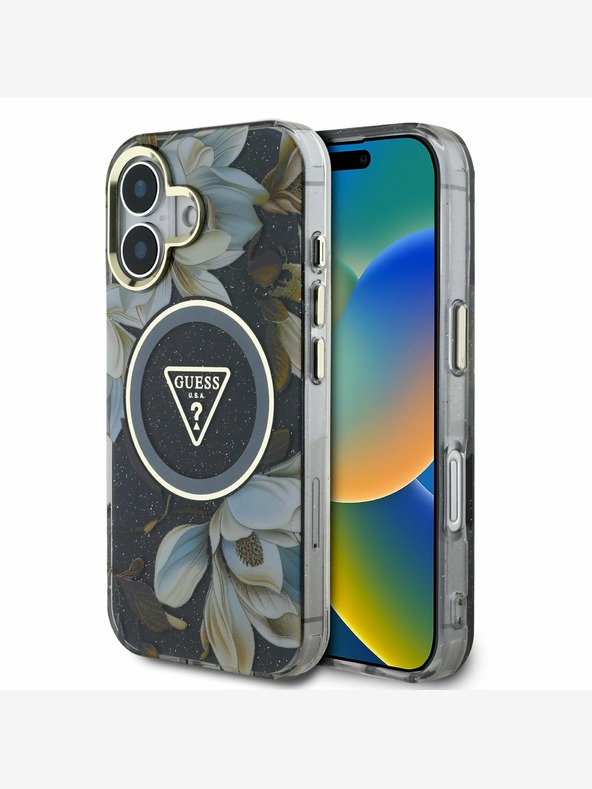 Guess Guess IML Glitter Magnolia und Triangle Logo MagSafe Back Cover für iPhone 16 Schwarz