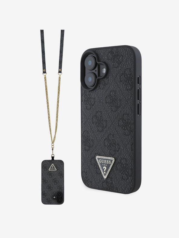 Guess Guess PU 4G Strass Dreieck Metall Logo Back Cover + Crossbody Strap für iPhone 16 Schwarz