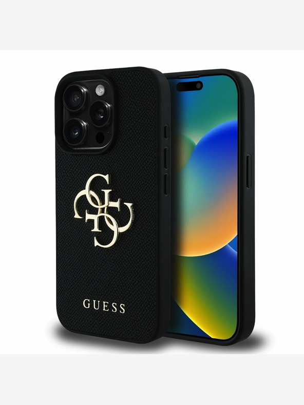Guess Guess PU genarbtes 4G Metall-Logo Backcover für iPhone 15 Pro Schwarz