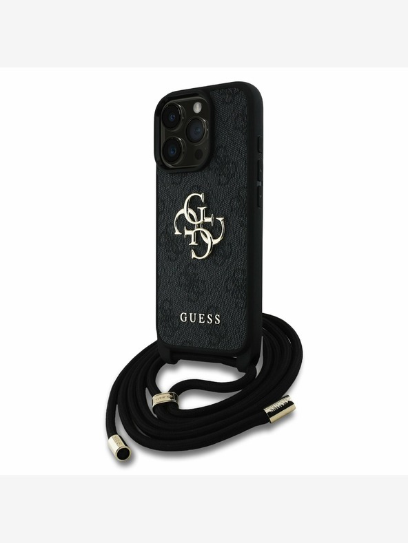 Guess Guess PU PU 4G Metal Logo Crossbody Strap Back Cover für iPhone 15 Pro Schwarz