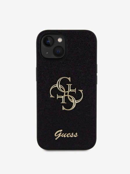 Guess PU Fixed Glitter 4G Metal Logo Backcover für iPhone 15 Black Handyhülle