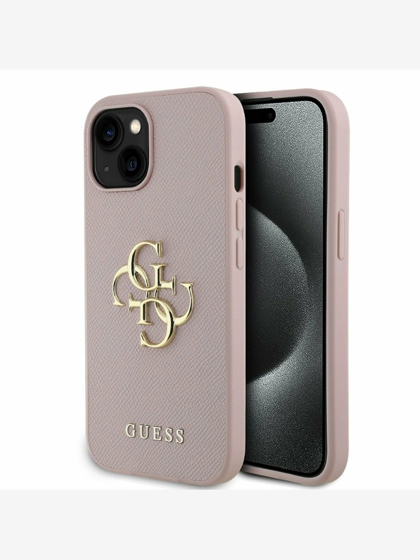 Guess Guess PU genarbte 4G Metall-Logo-Hülle für iPhone 15 Pink